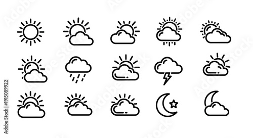 Weather Icons Set: Minimalist Outline Illustrations Depicting Various Atmospheric Conditions