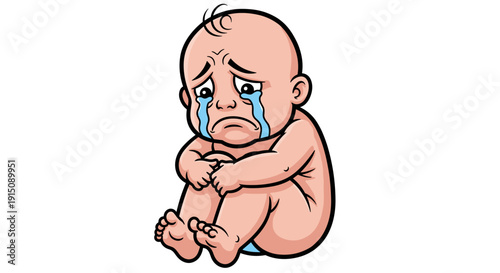 A crying baby sits alone, conveying emotions, in a simple illustration style
