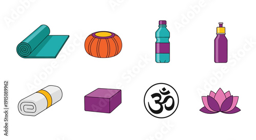 Yoga and Meditation Essentials: Vector Illustration of Equipment and Symbols for Wellness