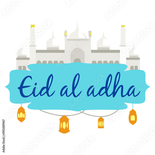 Celebration of Eid al adha with mosque illustration in the background and hanging lanterns