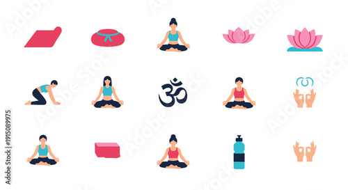 Yoga and Meditation Icons: A Colorful and Minimalist Vector Illustration