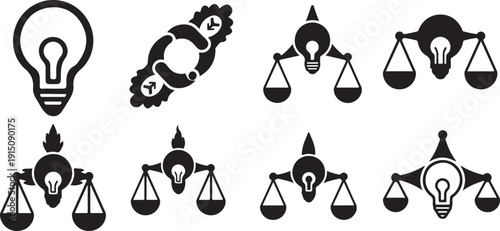Creative Ideas and Justice Concept Icons with Light Bulbs