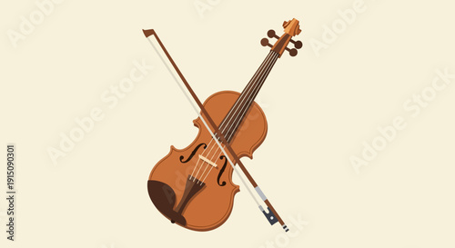Illustration of a violin and bow against a beige background.