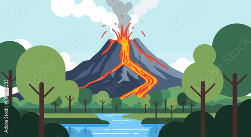 Volcanic Eruption Landscape with River and Trees.