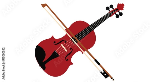 Red Violin and Bow Illustration on White Background.