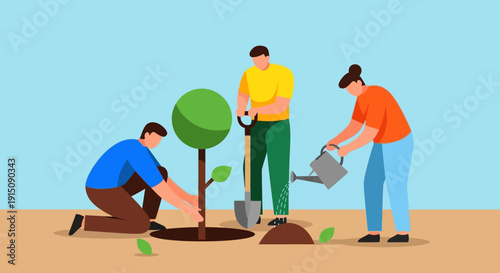 Three people planting and watering a young tree together outdoors.