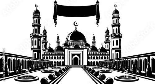Grand Mosque illustration with crescent moon symbol, minarets, and arches, viewed from a central courtyard with fountains, showcasing Islamic architecture