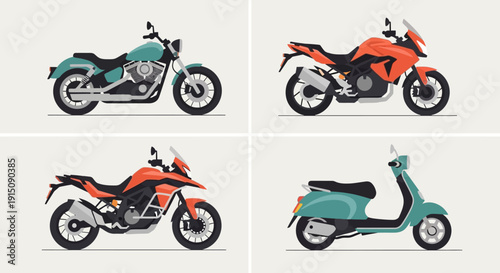 Collection of various motorcycles and scooters in different colors.