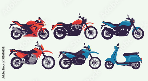 Collection of motorcycles and scooters in various colors and styles.