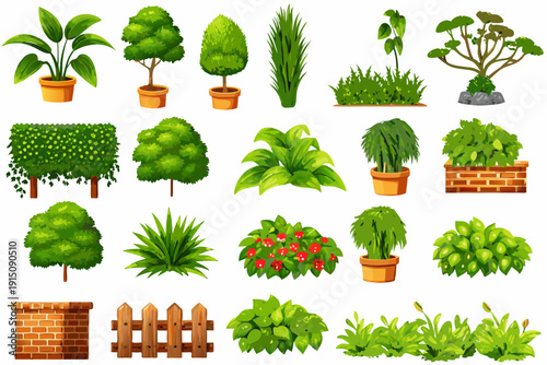 Collection of various potted plants shrubs and trees on white background