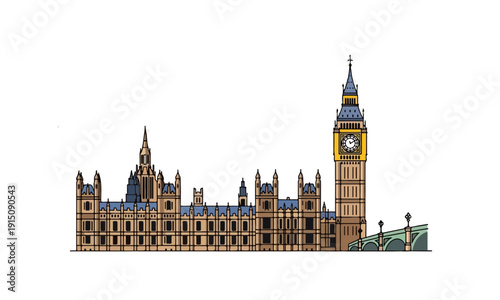 Big Ben and Houses of Parliament Flat Vector London Landmark Icon