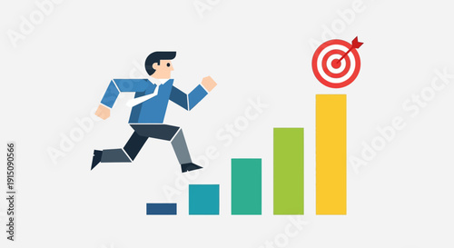 Man running towards a target with a rising bar graph in the background.