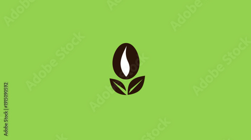 Minimalist logo depicting a coffee bean with a white center and leaves, on a green background