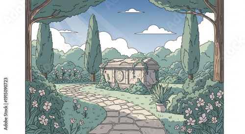 Serene garden scene with a stone pathway leading to a small house surrounded by lush greenery and vibrant flowers under a blue sky with fluffy white clouds