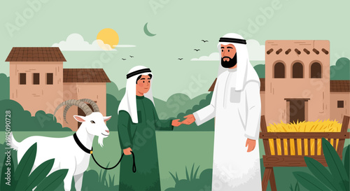 Two men in traditional attire interacting with a goat in a rural landscape with buildings and a market stall