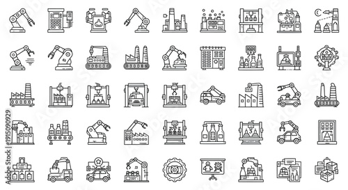 Industrial Automation Icons: Robots, Factories, Conveyor Belts, Cars, and Manufacturing Processes