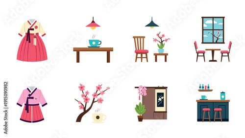 Traditional korean hanbok and cozy interior elements in flat design