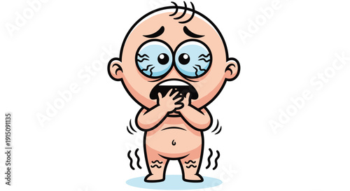 Distressed Cartoon Baby Shivering with Fear and Anxiety, Expressing Intense Worry and Panic, Isolated Vector Illustration of a Scared Infant on a White Background
