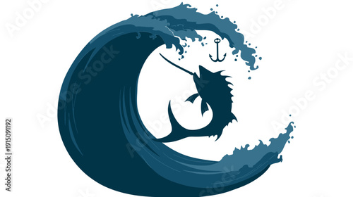 A stylized marine illustration featuring a marlin leaping through a wave, an anchor hangs above