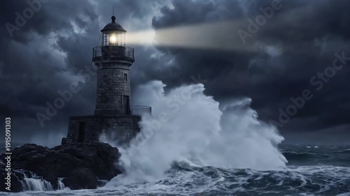 Stone lighthouse beacon shining through dark storm clouds over crashing ocean waves. Psychological resilience and mental stability