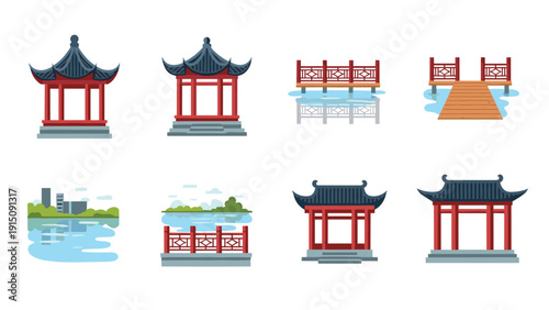 Collection of traditional asian pavilion icons and scenic landscape elements