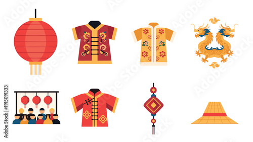 Traditional chinese symbols and attire in flat design
