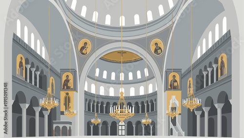 Majestic byzantine interior with iconographic art and grand chandeliers