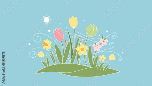 Spring flowers blooming in a gentle breeze with falling petals.