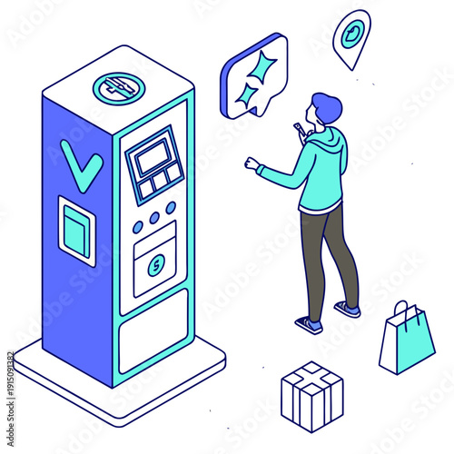 A man interacts with a vending machine and packages