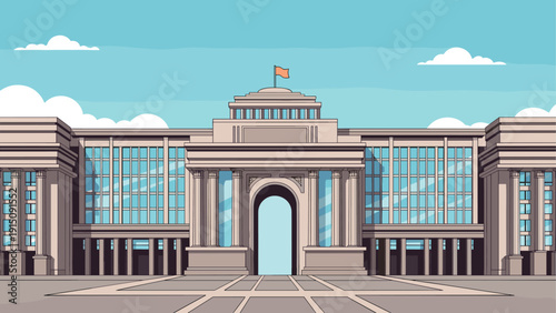 Elegant classical building with columns and glass facade in flat design