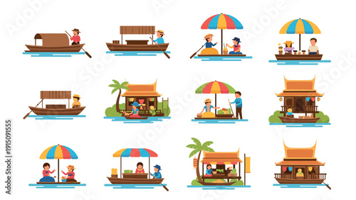 Traditional floating market scenes with boats, vendors, and tourists in flat design