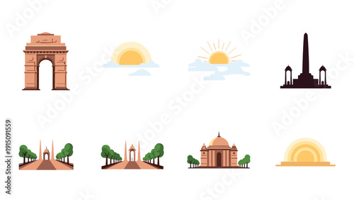 Flat icons of indian landmarks and sun illustrations