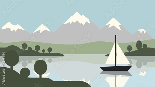Sailboat on calm lake with mountain reflections.