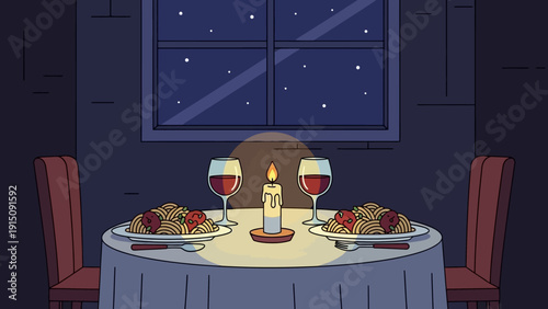 Romantic dinner setting with pasta, wine, and candlelight for two.