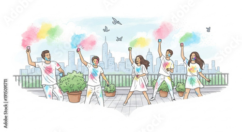 Group of young adults celebrating on rooftop with colored smoke bombs against city skyline background joyful atmosphere vibrant colors
