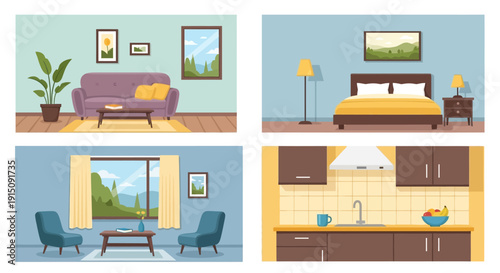 Set of four distinct interior room scenes including living room, bedroom, kitchen, and lounge area.