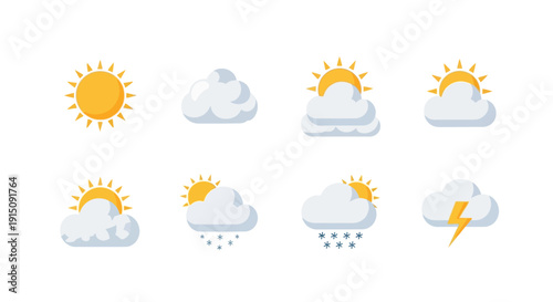 Weather forecast icons representing various sunny, cloudy, and stormy weather conditions