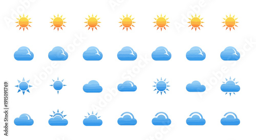 Weather forecast icons representing sunny, cloudy, and partly cloudy conditions on a white backdrop