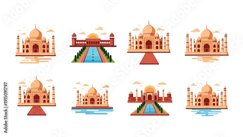 Flat icon set of taj mahal in various styles and perspectives
