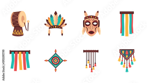 Vibrant ethnic tribal elements set with drums, masks, and tapestries