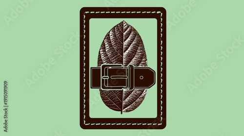 A leaf design captured inside a stitched rectangle, secured with a belt on a light green background