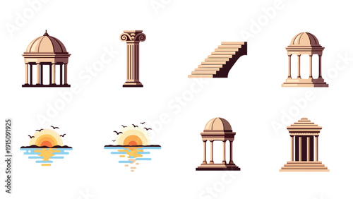Elegant classical architecture icons with sunrise motif