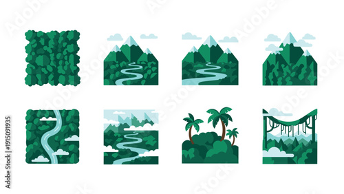 Nature inspired icons: lush jungle and mountain landscapes in flat design