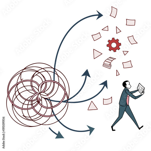 A man in a suit is organizing chaotic red lines and shapes into a gear