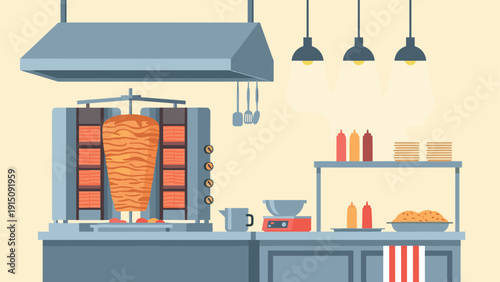 Modern kitchen scene with shawarma grill and counter setup in flat design