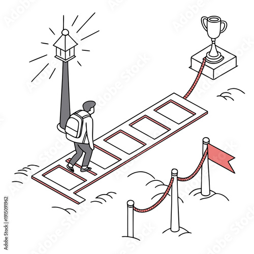 A student walks on a path towards a trophy on a pedestal