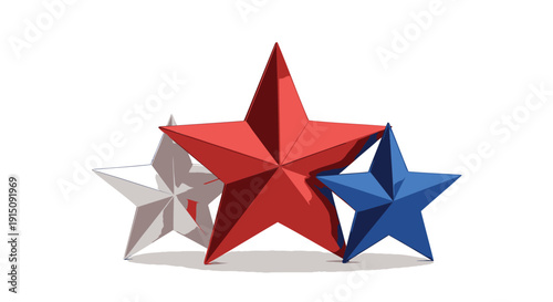 Three dimensional red, white and blue metallic stars isolated on transparent background