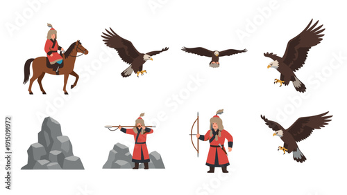 Medieval hunter and eagle set with warriors, boulders, and birds of prey