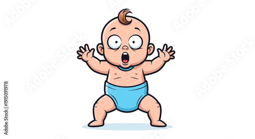 Vibrantly colored vector graphic of a startled infant in a blue diaper, expressing surprise or mild fear with wide eyes and an open mouth, ideal for childcare designs