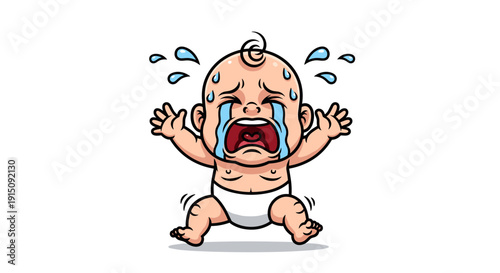 Distressed baby with tears streaming down face, expressing sadness and distress, depicted in a cartoon style